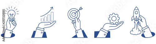 Business startup and growth concept line art icons featuring hands holding lightbulb, chart, target, gear, and rocket
