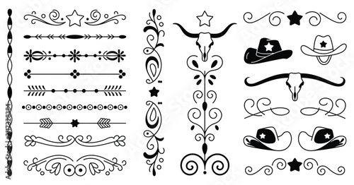 Old western decorative line dividers vector featuring vintage ornamental borders, rustic cowboy motifs, retro accents, and graphic elements for branding, menus, posters, and packaging.