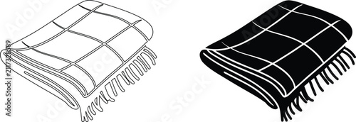 Foto Plaid pattern woven blanket with decorative fringe detail shown as simple contour outline and bold solid black icon design