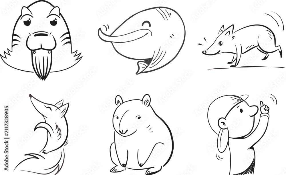 Obraz premium Adorable doodle animal characters cute and lively sketches of mammals and sea life on transparent background.