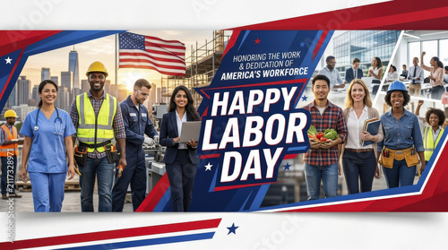 Happy Labor Day banner honoring America's diverse workforce, celebrating dedication, and national unity with patriotic flag colors.