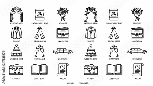 Luxury Indian Wedding Black & White Line Art Icons: Editable Monoline Vector Set for Invitations, Cakes & Limousine Planners