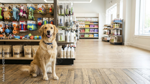 Happy Golden Retriever sitting patiently in a modern pet store, surrounded by various pet food and supply products.