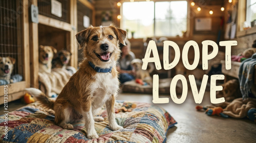 Heartwarming scene of a hopeful terrier mix in a cozy animal shelter, with an 
