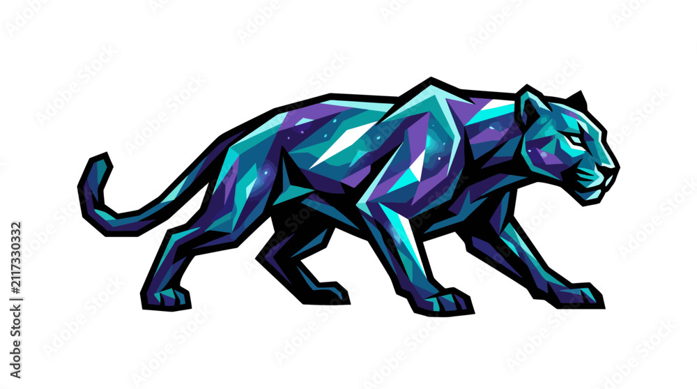 Fototapeta premium Geometric blue panther stalking in low poly style.