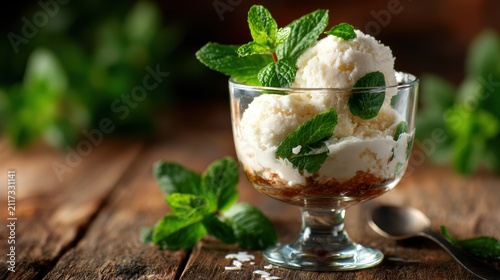 A tempting dessert image featuring creamy vanilla ice cream topped with fresh mint leaves, served in a glass dish, perfect for summer treats and culinary artistry.