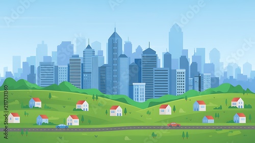 Modern City Skyline View Featuring Suburban Residential Houses and Green Rolling Hills
