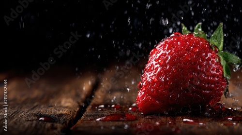 A vibrant red strawberry is featured up close, glistening with water droplets on its surface, symbolizing freshness and the beauty of nature's produce against a dark background.