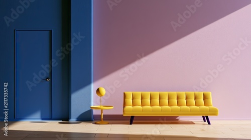 Modern minimalist interior with a yellow sofa and blue door bathed in light