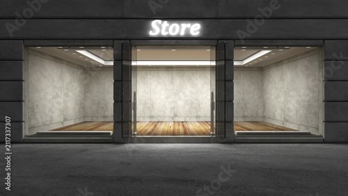 Front view of an empty retail storefront at night as the illuminated store sign turns on and glass entrance doors swing open, revealing a modern interior, 3D animation