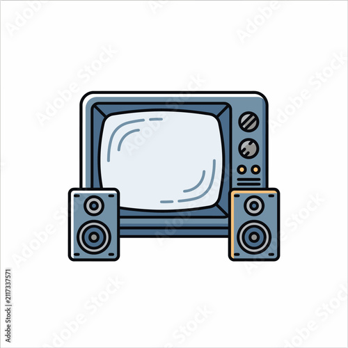 Retro television set with external speakers in flat vector style.