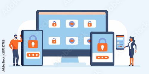 cross device user authentication vector illustration cross device lock mobile desktop tablet security access login interface technology digital interaction people screen network connectivity software