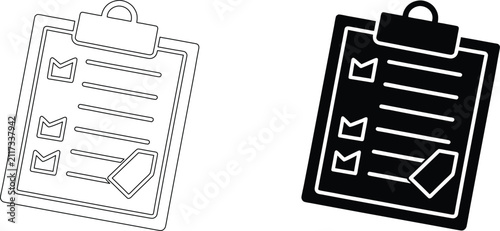 Checklist icon outline and solid black illustration, represents tasks and planning, to do list graphic, organization symbol.