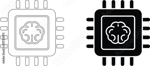 Computer chip icon with brain inside outline and filled silhouette for AI processing.