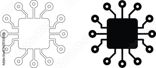 Computer chip icon with circuit board connections outline and filled silhouette.