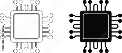 Computer chip microprocessor icon with circuit board line connections on square silicon component for tech infrastructure.