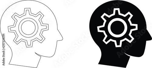 Creative concept icon with gear inside human head representing analytical thinking process and technical problem solving.