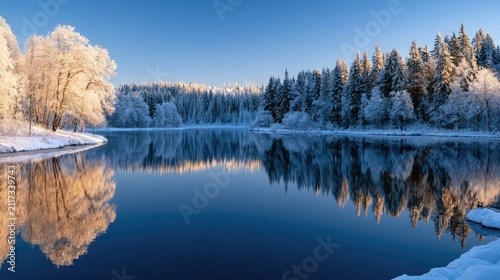 Serene winter landscape with snow-covered trees reflecting in still water