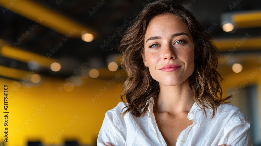 Obraz premium A confident young woman with an approachable smile stands in a modern office environment, representing professionalism and warmth in corporate culture.