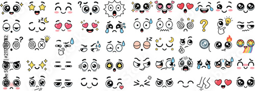 Collection of cute kawaii facial expressions and anime eyes with expression