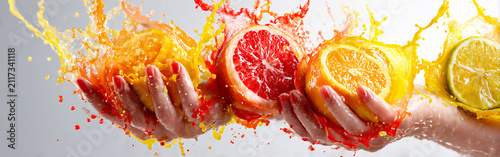 Hands hold citrus fruit with splash of juice in a studio setting during daytime