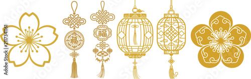 Set of golden chinese lunar new year decorative icons and lanterns with ornament