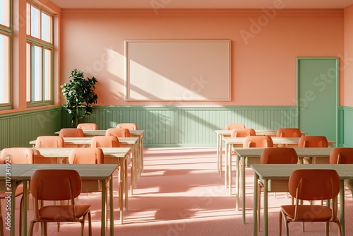 Bright, modern classroom with pastel walls, tidy desks, and sunlit windows
