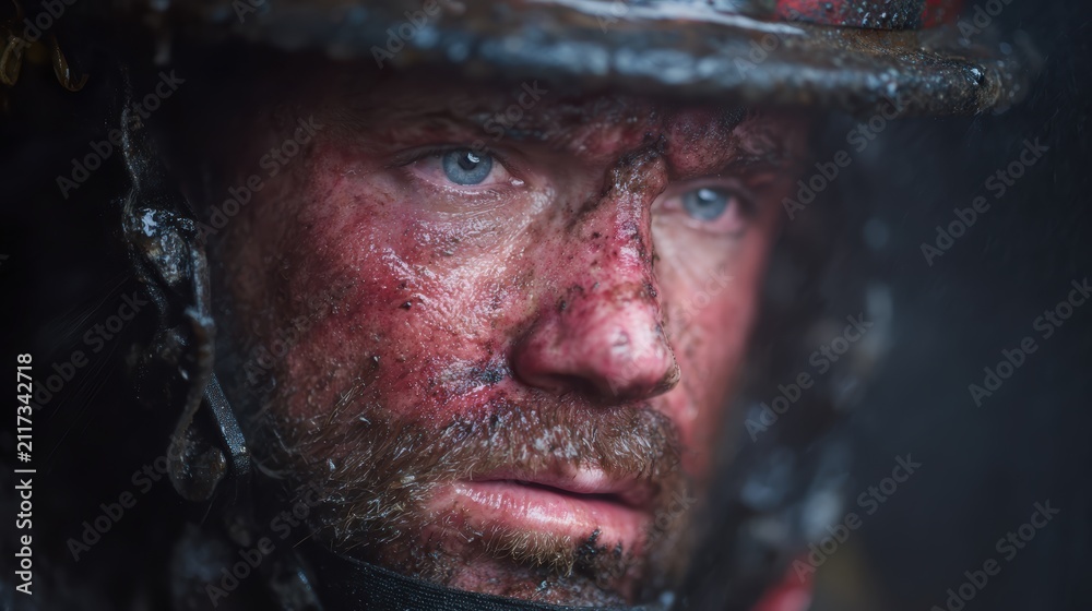 Fototapeta premium A close portrait of a firefighter covered in soot and sweat reveals the bravery and resilience required in service, capturing the true spirit of heroism in emergency response.