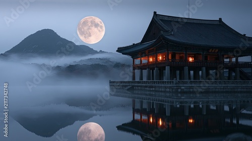 Tranquil pavilion reflected in still water under a luminous full moon