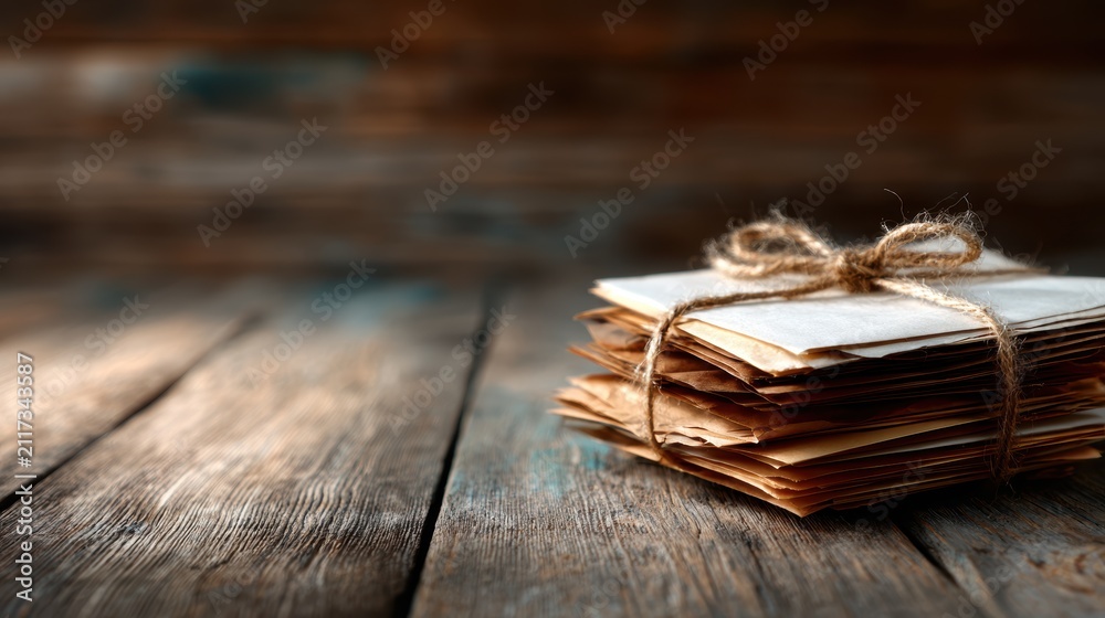 Fototapeta premium A beautifully arranged stack of vintage letters tied with rustic twine is displayed on a wooden surface, evoking nostalgia and the charm of vintage correspondence.