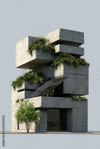 Modern concrete structure integrated with lush greenery and a small tree