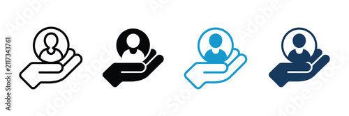 Customer care icon set representing user support client retention personalized service hand with avatar rotating arrow in multiple styles vector illustration