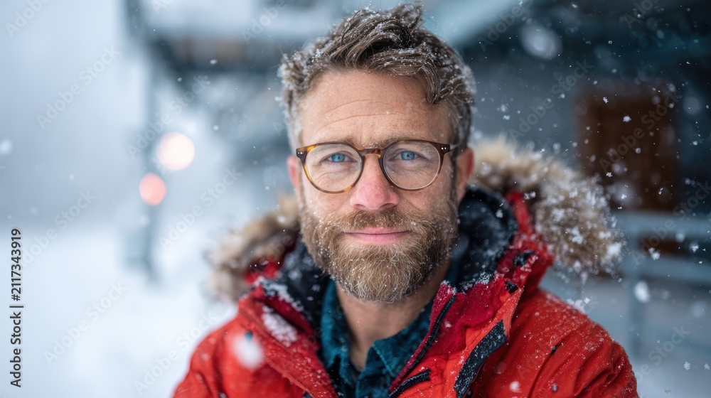 Fototapeta premium A rugged man with glasses and a full beard sits outdoors in a cozy winter jacket, surrounded by falling snowflakes, radiating warmth and resilience during the cold season.