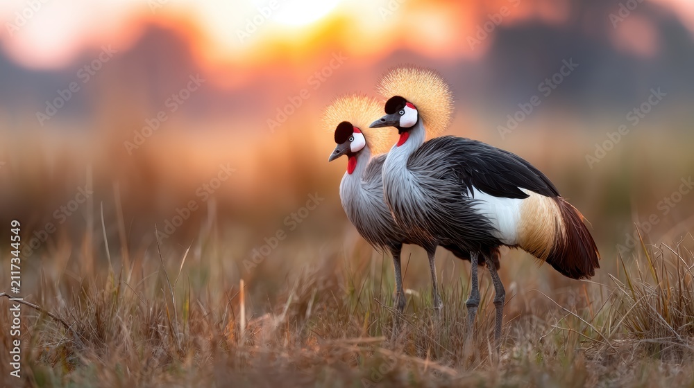 Obraz premium Two majestic cranes stand elegantly in a serene field as the sun sets, showcasing their vibrant plumage and forming a striking silhouette against the colorful backdrop of dusk.