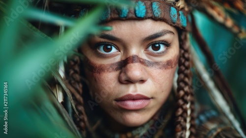 A young indigenous warrior stares intensely into the camera, embodying strength and resilience while surrounded by lush greenery, showcasing deep cultural roots.