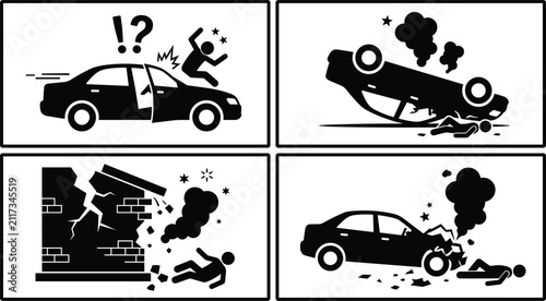 Cuadro en lienzo Car accident and road collision scenes icon set showing pedestrian hit vehicle r