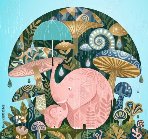 Pink elephants in a whimsical forest under rain, surrounded by patterned mushrooms and foliage.