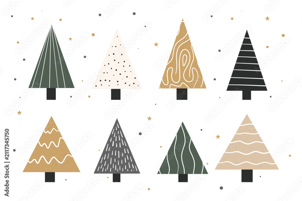 Obraz premium Set of Christmas tree icons in flat minimal Scandinavian style, vector illustration with patterns, isolated on white background