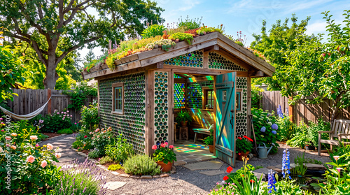 Eco friendly garden house made from recycled glass wine bottles in a sunny outdoor space
