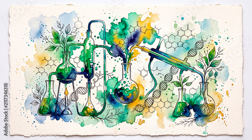 Artistic watercolor painting blends chemical lab flasks with organic leaf molecules in a colorful design