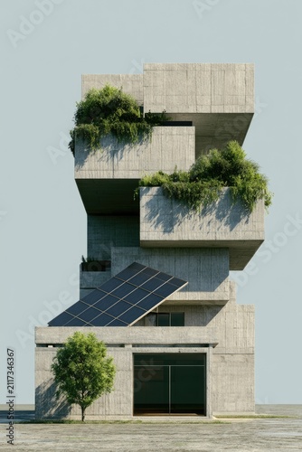Modern concrete building with cantilevered levels and integrated greenery