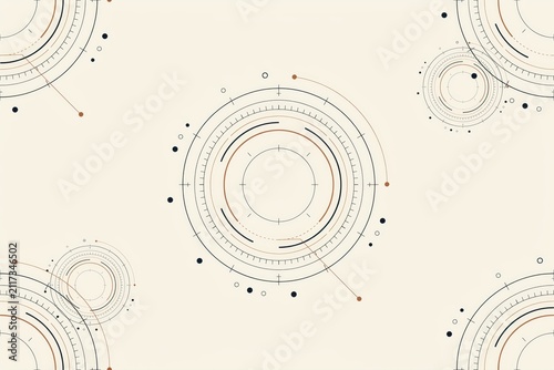 Seamless pattern featuring technical circular radar thin black and copper lines, dots, and crosshairs on a light beige background