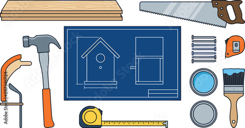 Foto Carpentry and DIY Woodworking Project Vector Icon Set with Birdhouse Blueprint P