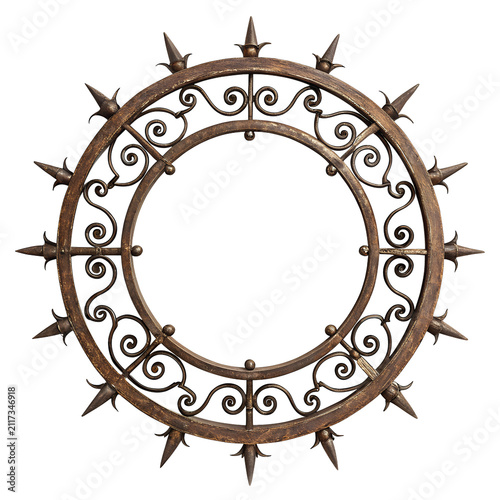 Ornate circular wrought iron frame with spikes isolated on white background