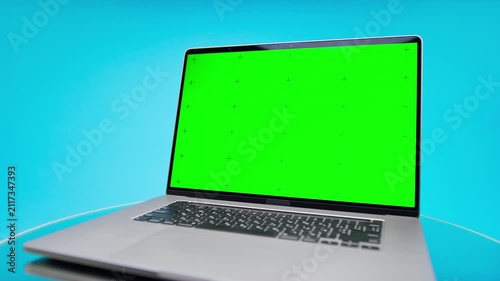 Laptop Green Screen Mockup on Blue Background