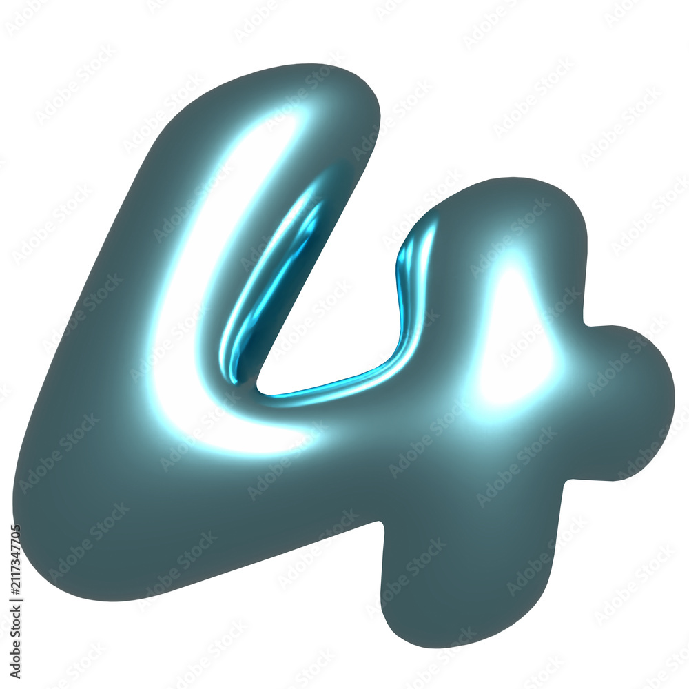 Obraz premium 3D stylized numeral 4 is floating on transparent backdrop, showing reflective cyan balloon form