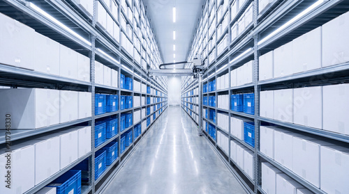 Automated storage warehouse with a robotic gantry arm moving along tall shelving