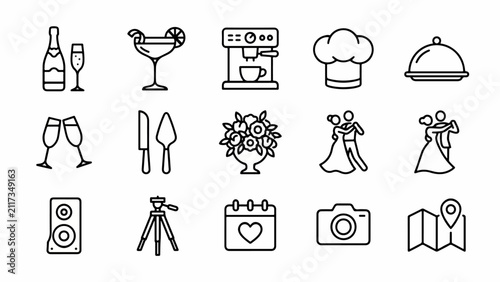 Modern Monoline Indian Wedding & Reception Icons: Black & White Vector Line Set for Cocktails, Coffee Stations & Dance Couples