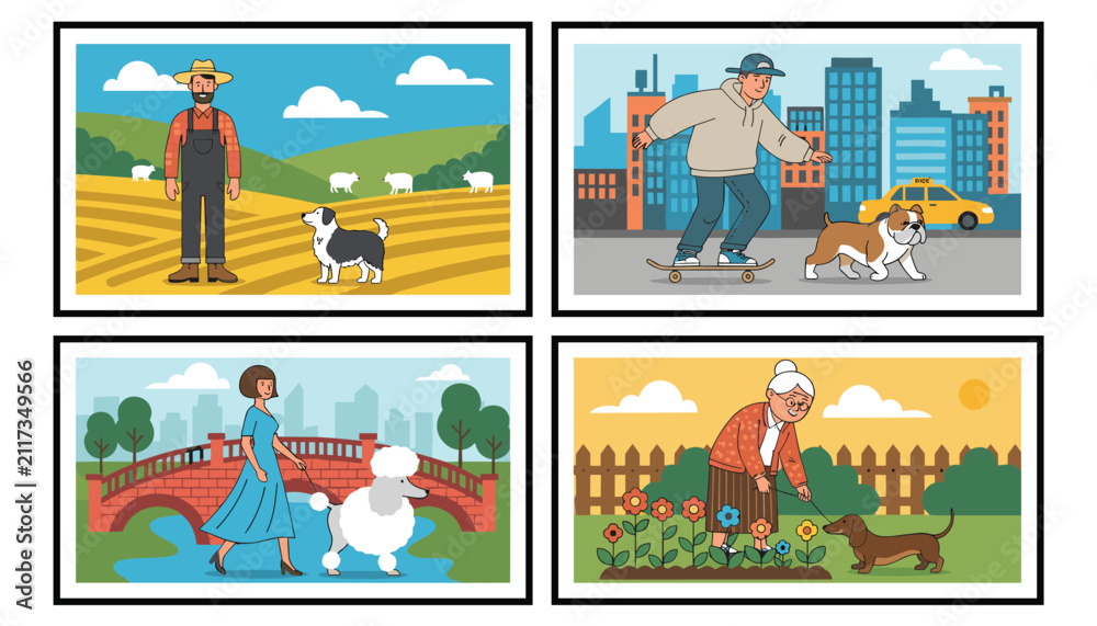 Naklejka premium Set of four framed illustrations depicting diverse people walking different dog breeds in farm, city, park, and garden environments.