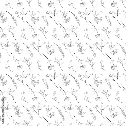 Seamless pattern of hand drawn line art flowers on a transparent background